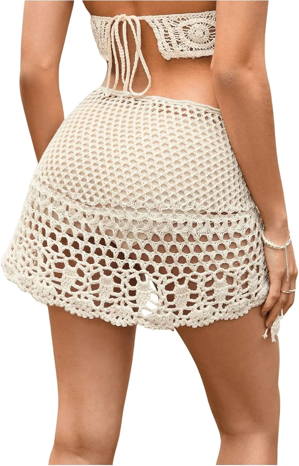 SHENHE Women's Hollow Out Sheer Crochet Wrap Skirt Scalloped Sexy Boho Mini Skirt