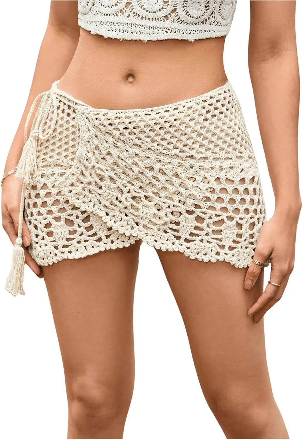 SHENHE Women's Hollow Out Sheer Crochet Wrap Skirt Scalloped Sexy Boho Mini Skirt