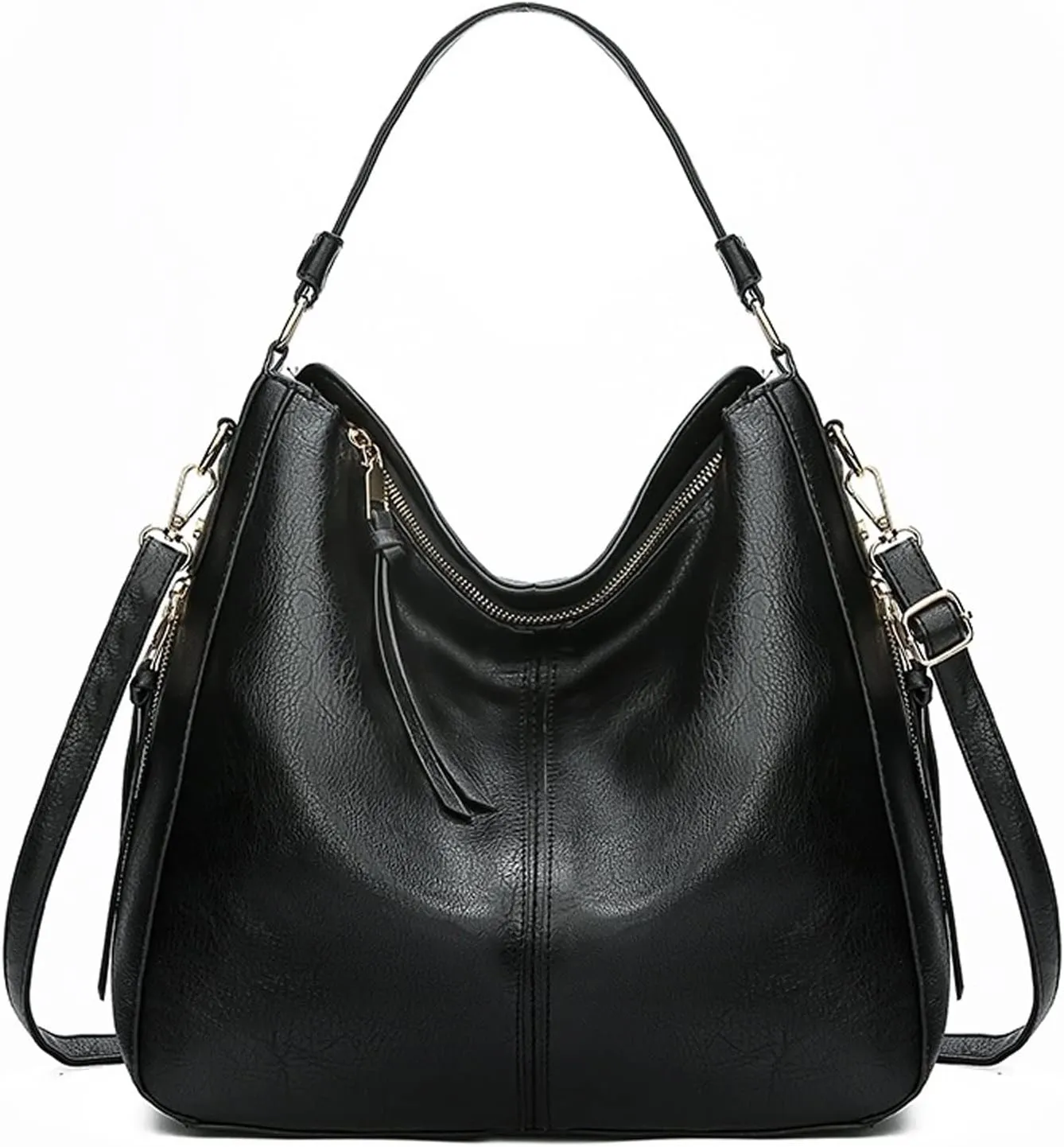 Shoulder Bags Leather Women Handbags Hobo BagFemale Leisure Shoulder Bags Purses Vintage Large Capacity Tote Bag(Black)