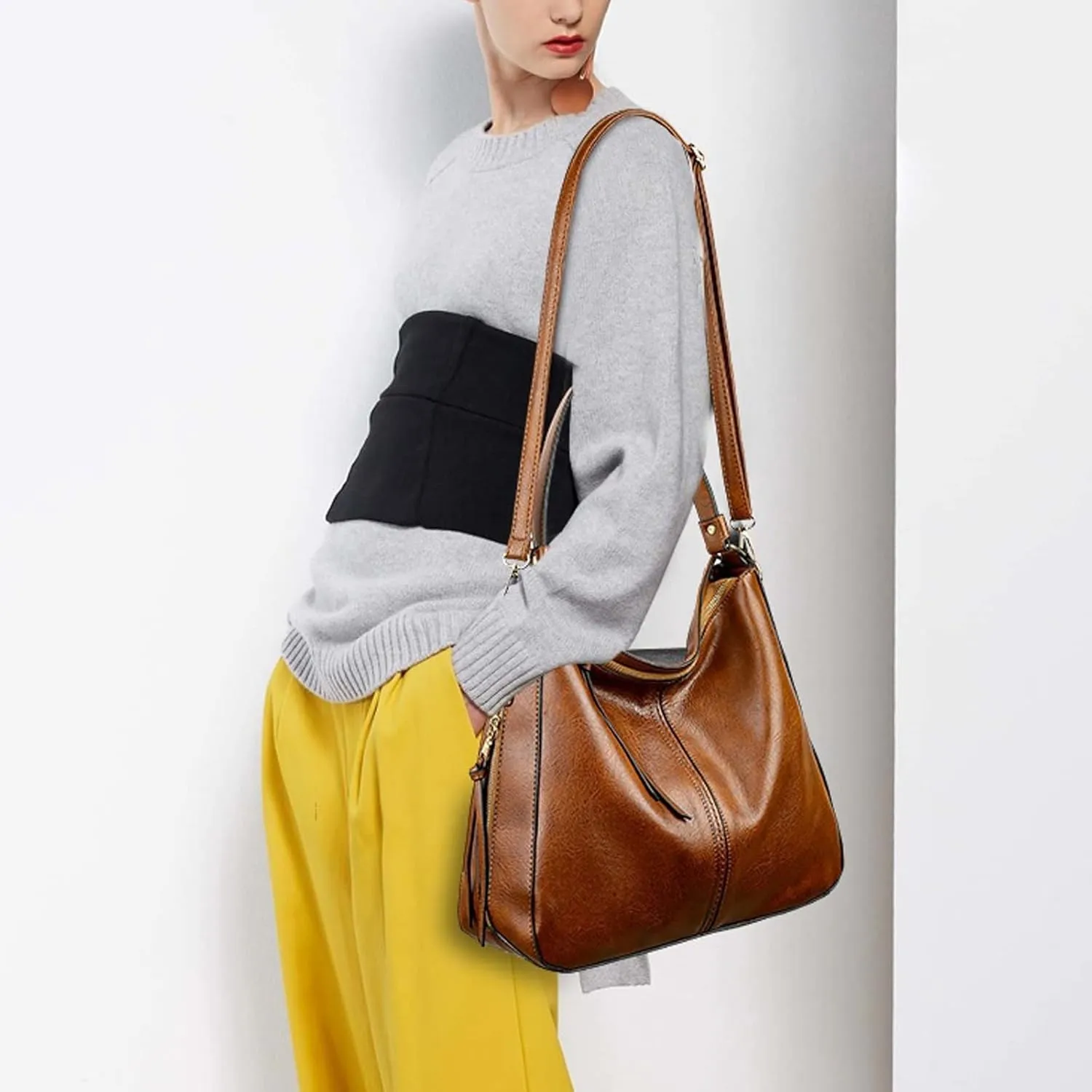 Shoulder Bags Leather Women Handbags Hobo BagFemale Leisure Shoulder Bags Purses Vintage Large Capacity Tote Bag(Black)