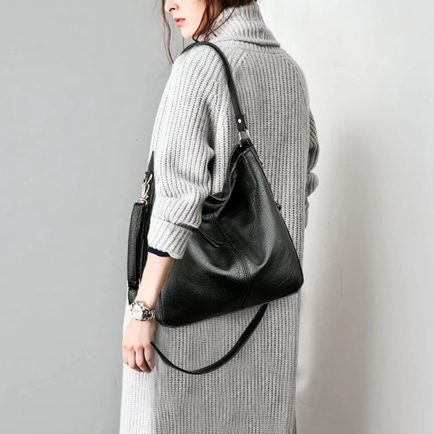 Shoulder Bags Leather Women Handbags Hobo BagFemale Leisure Shoulder Bags Purses Vintage Large Capacity Tote Bag(Black)