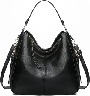 Shoulder Bags Leather Women Handbags Hobo BagFemale Leisure Shoulder Bags Purses Vintage Large Capacity Tote Bag(Black)