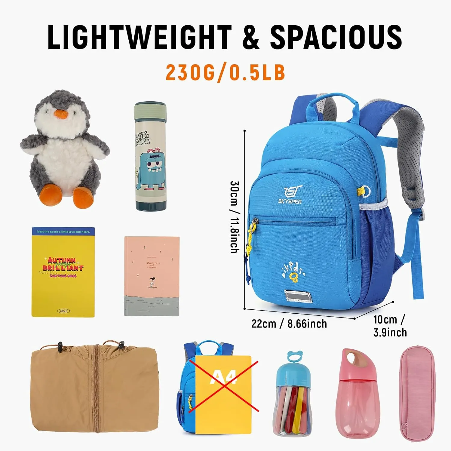 SKYSPER Toddler Backpack for Girls Boys Age 2-8, Cute Small Kids Backpack for Preschool Kindergarten and Travel, Blue