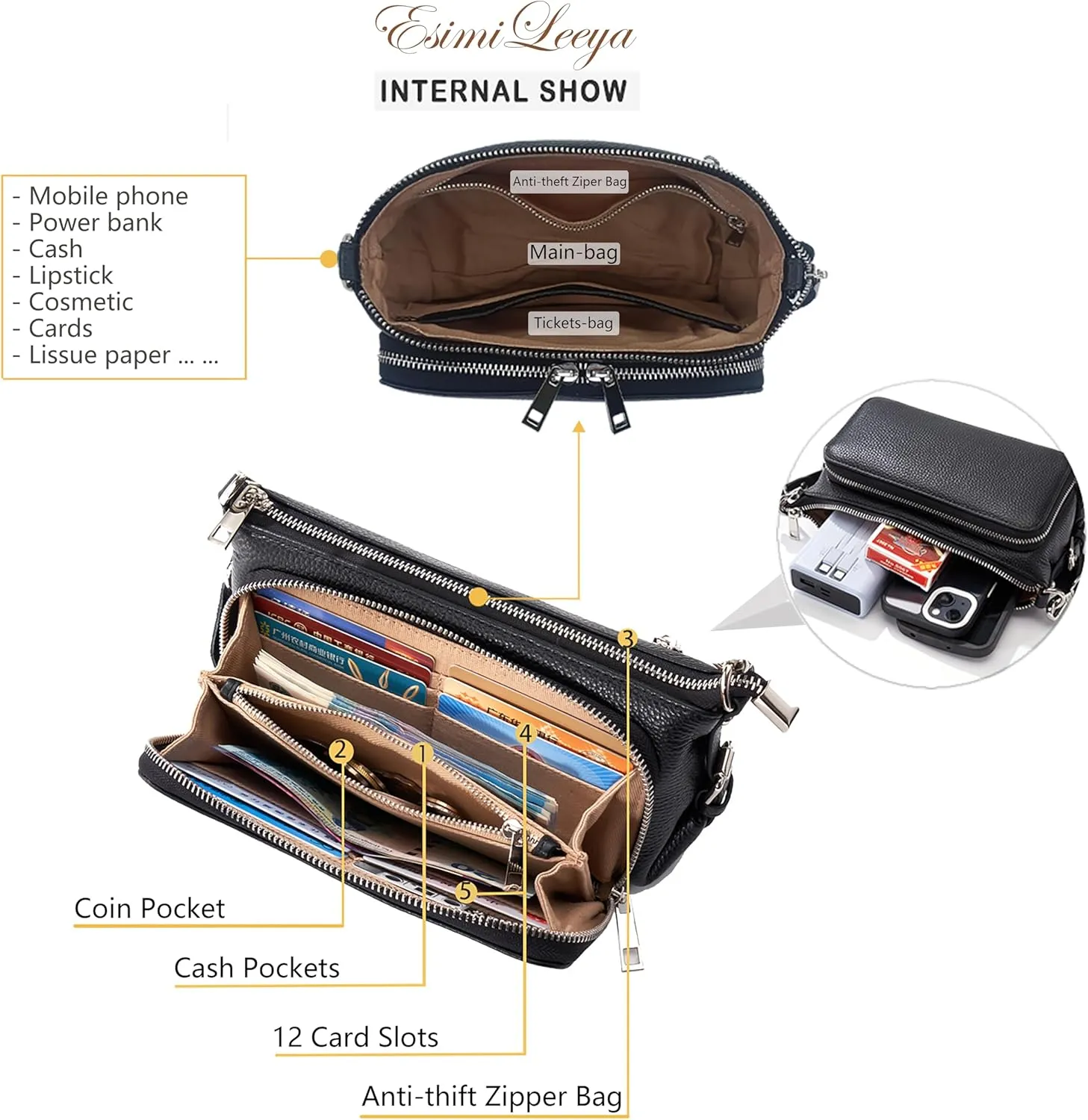 Small Compact Genuine Leather Crossbody Bag for Women Real Leather Purses for Women with Shoulder and Hand Strap