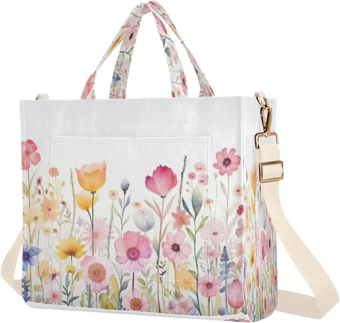 Spring Wildflowers Corduroy Tote Bag for Women Hobo Crossbody Bag Purse Stylish Shoulder Handbag Messenger Bags, S