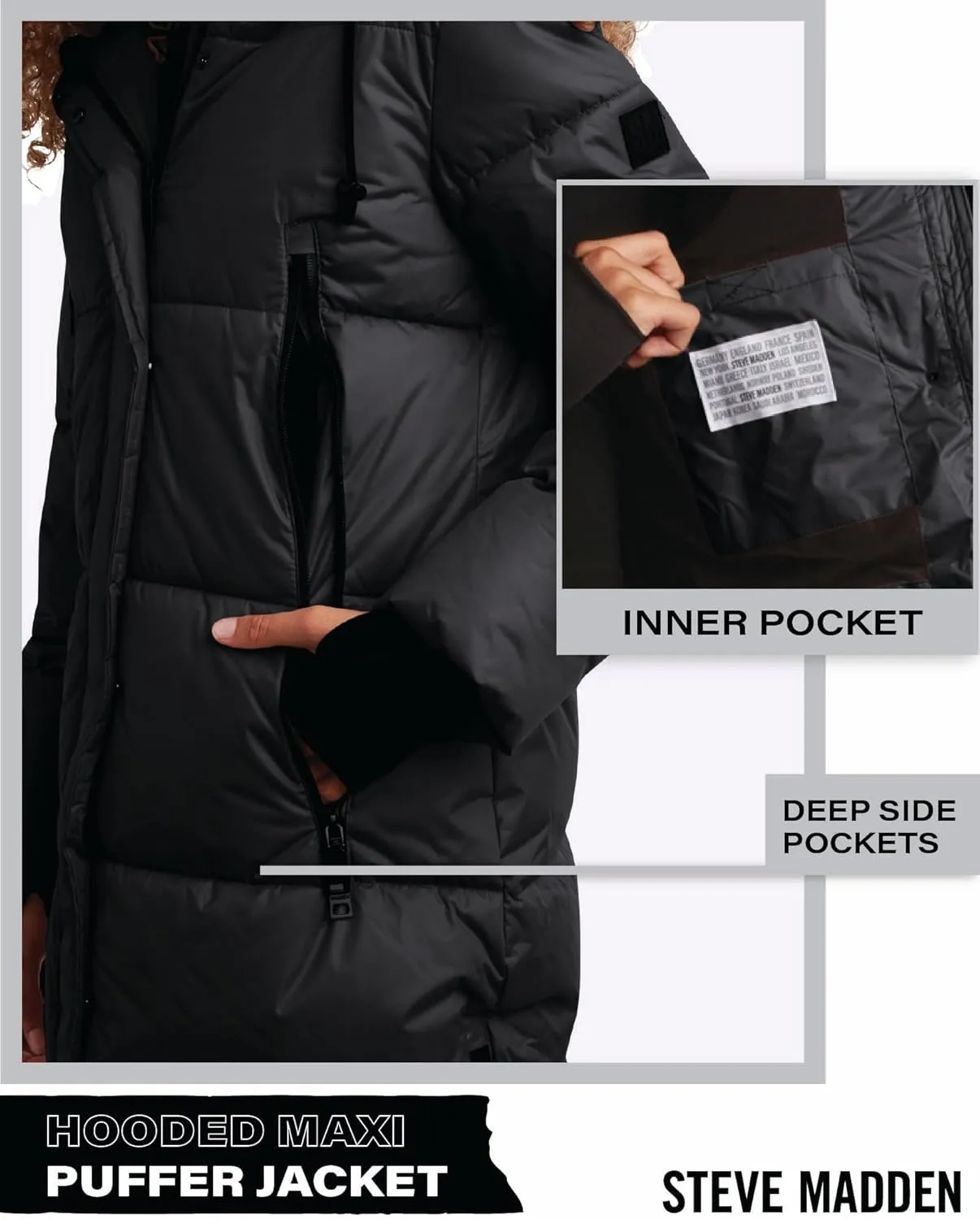 Steve Madden Women's Maxi Puffer Jacket - Heavyweight Insulated Long Winter Coat with Hood and Weatherproof Zippers (S-XL)