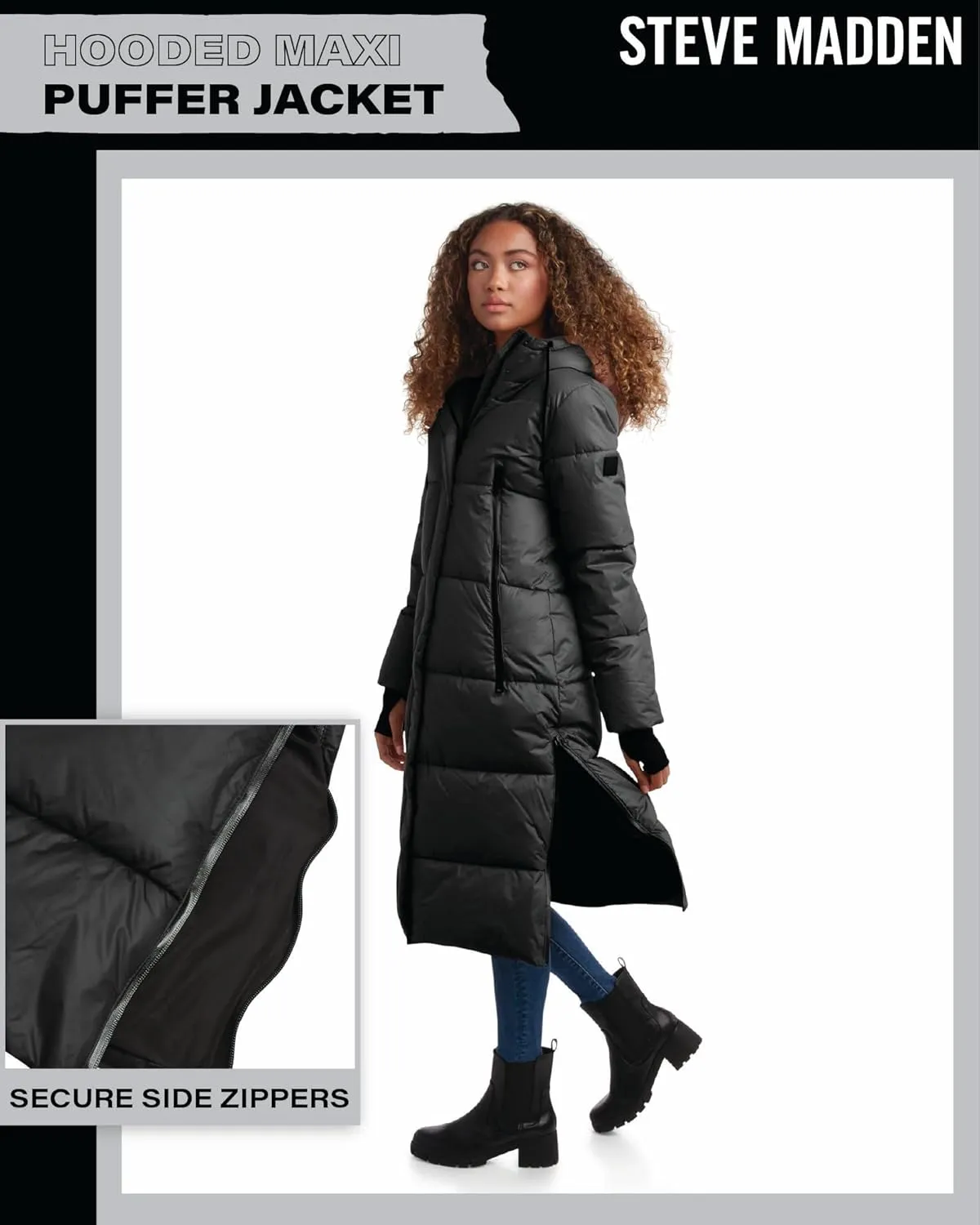 Steve Madden Women's Maxi Puffer Jacket - Heavyweight Insulated Long Winter Coat with Hood and Weatherproof Zippers (S-XL)