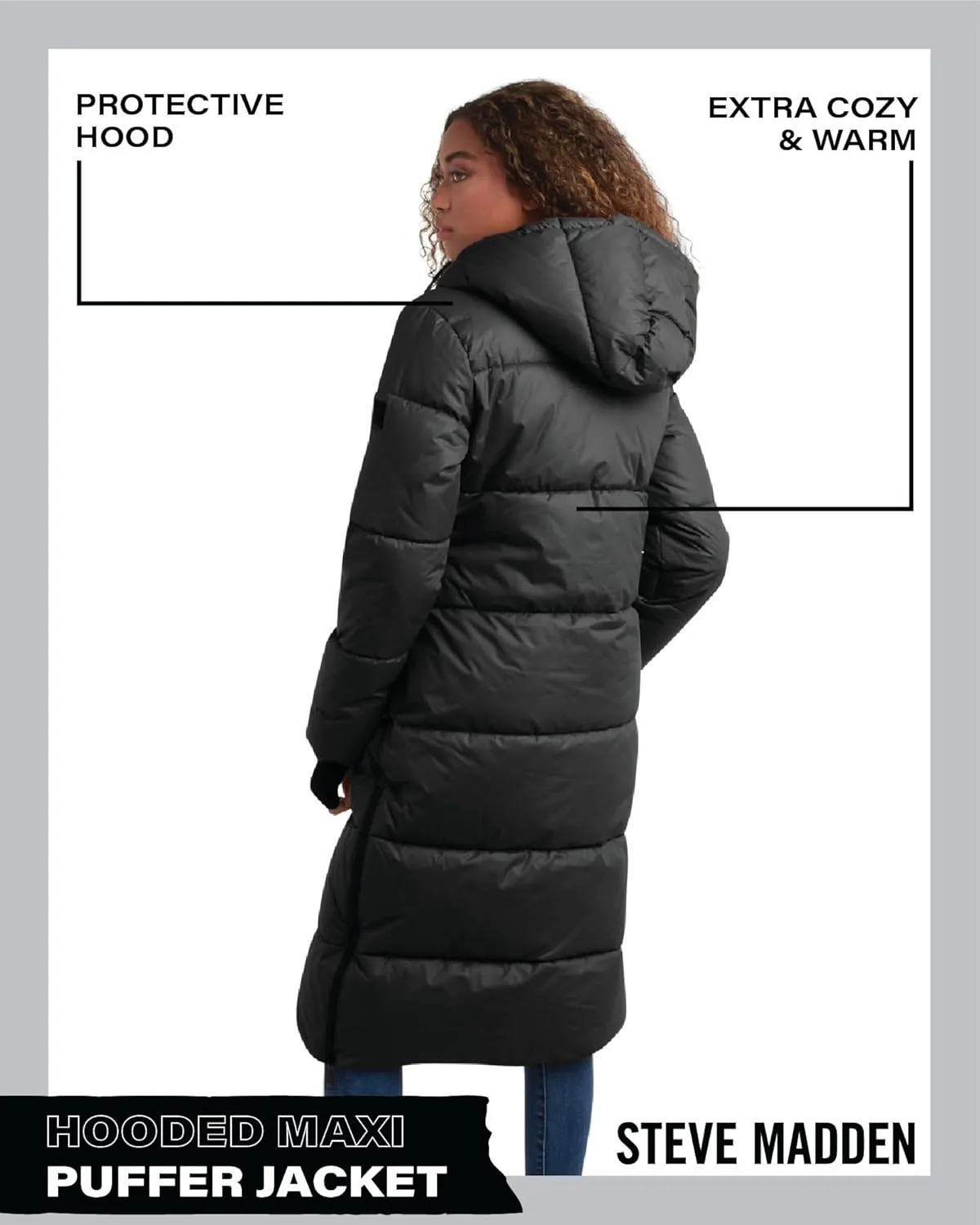 Steve Madden Women's Maxi Puffer Jacket - Heavyweight Insulated Long Winter Coat with Hood and Weatherproof Zippers (S-XL)