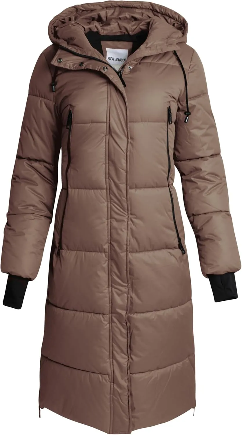 Steve Madden Women's Maxi Puffer Jacket - Heavyweight Insulated Long Winter Coat with Hood and Weatherproof Zippers (S-XL)