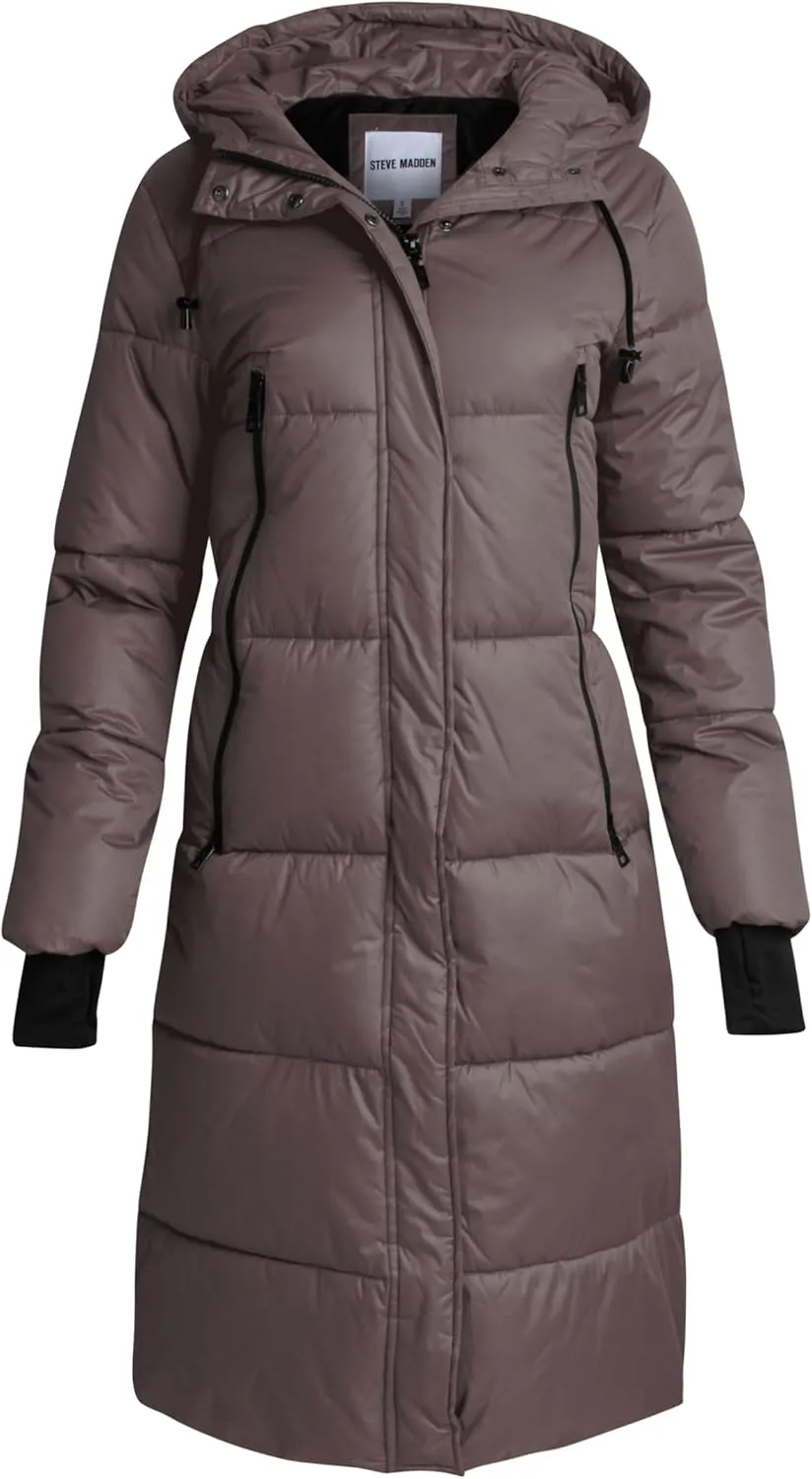 Steve Madden Women's Maxi Puffer Jacket - Heavyweight Insulated Long Winter Coat with Hood and Weatherproof Zippers (S-XL)