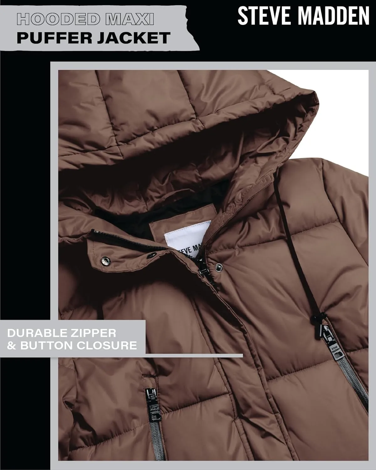 Steve Madden Women's Maxi Puffer Jacket - Heavyweight Insulated Long Winter Coat with Hood and Weatherproof Zippers (S-XL)