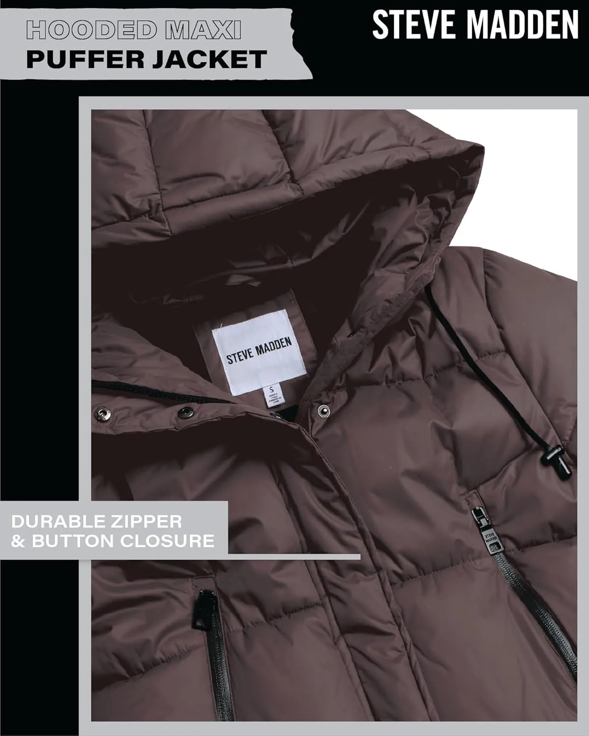 Steve Madden Women's Maxi Puffer Jacket - Heavyweight Insulated Long Winter Coat with Hood and Weatherproof Zippers (S-XL)