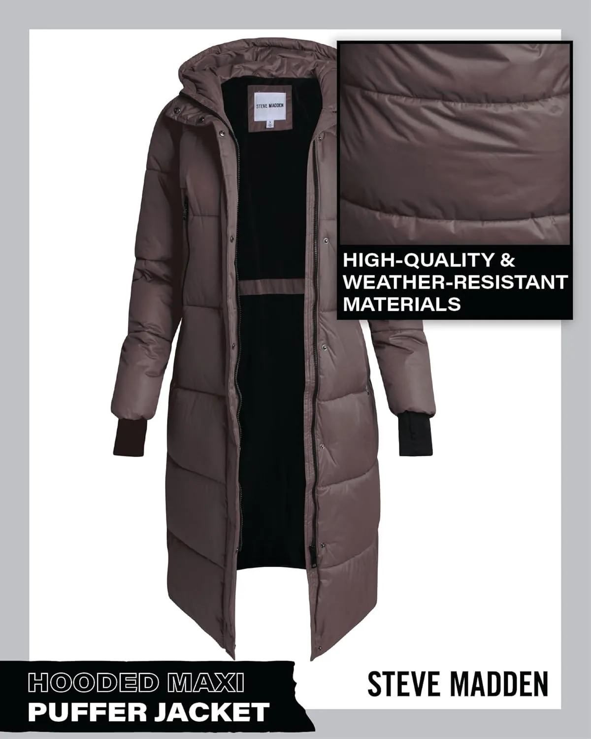 Steve Madden Women's Maxi Puffer Jacket - Heavyweight Insulated Long Winter Coat with Hood and Weatherproof Zippers (S-XL)