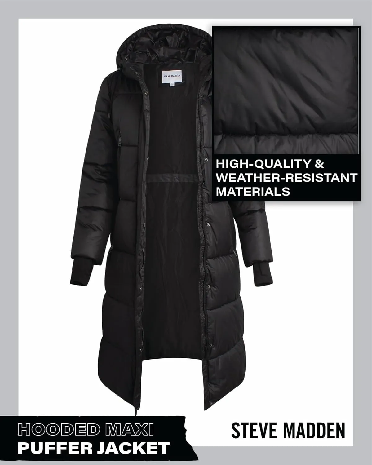 Steve Madden Women's Maxi Puffer Jacket - Heavyweight Insulated Long Winter Coat with Hood and Weatherproof Zippers (S-XL)