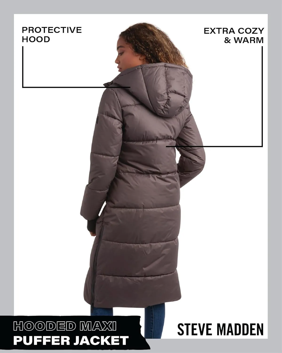 Steve Madden Women's Maxi Puffer Jacket - Heavyweight Insulated Long Winter Coat with Hood and Weatherproof Zippers (S-XL)