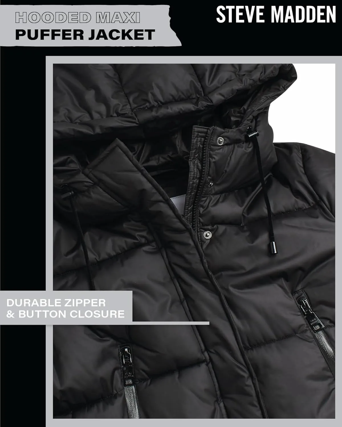 Steve Madden Women's Maxi Puffer Jacket - Heavyweight Insulated Long Winter Coat with Hood and Weatherproof Zippers (S-XL)