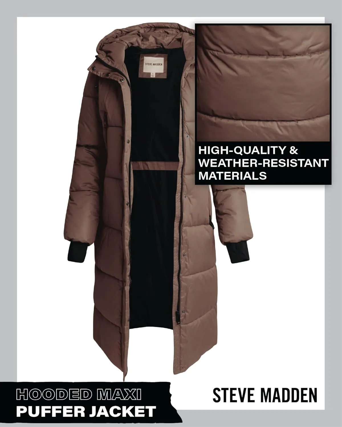 Steve Madden Women's Maxi Puffer Jacket - Heavyweight Insulated Long Winter Coat with Hood and Weatherproof Zippers (S-XL)