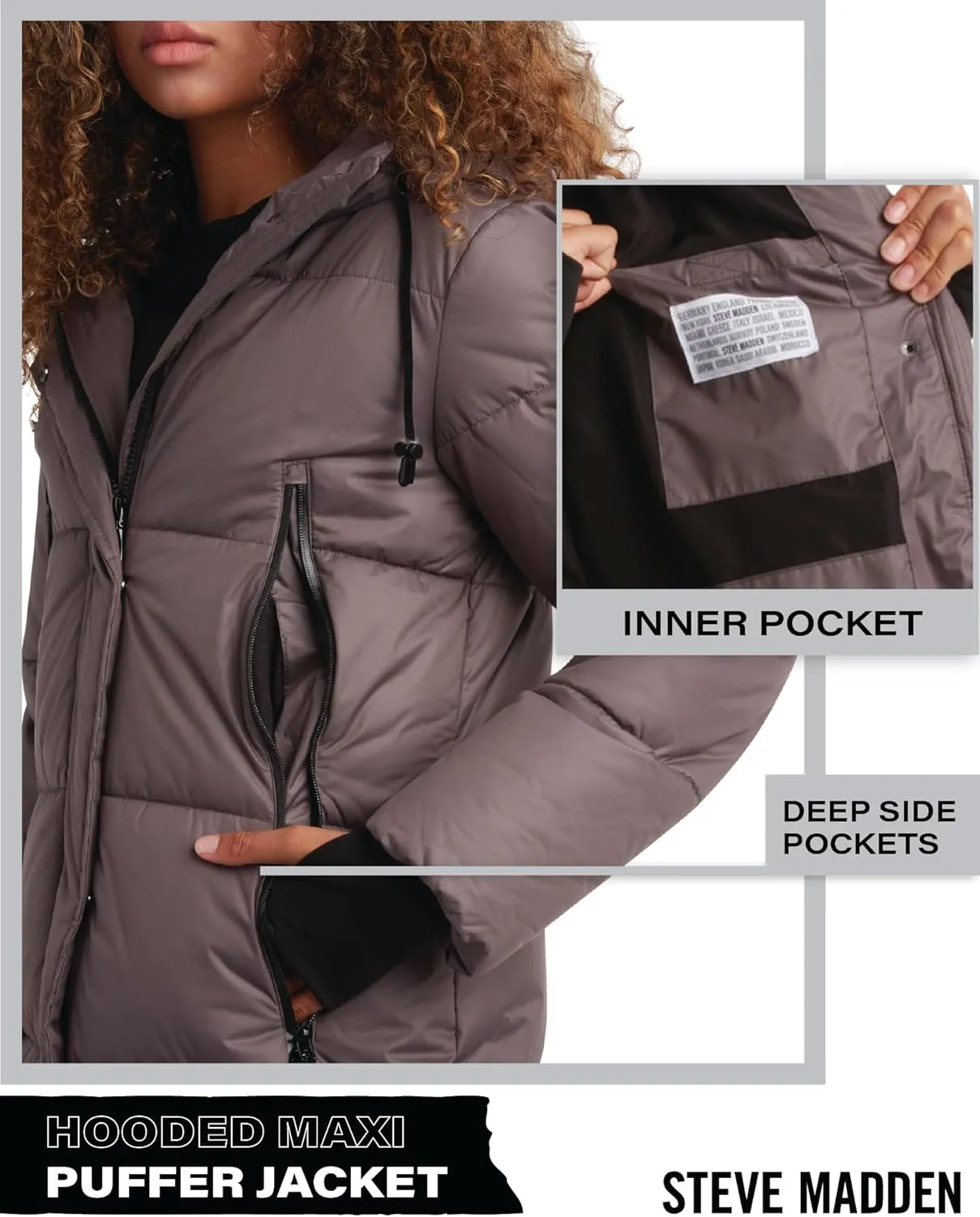 Steve Madden Women's Maxi Puffer Jacket - Heavyweight Insulated Long Winter Coat with Hood and Weatherproof Zippers (S-XL)