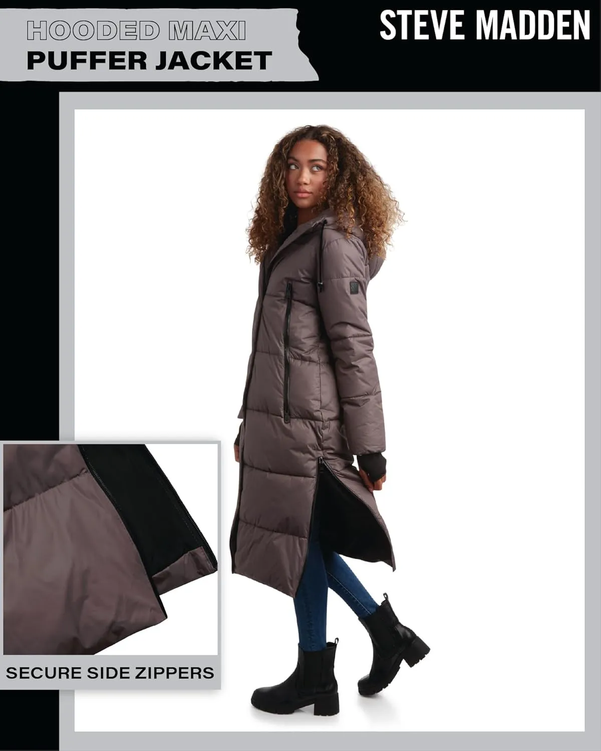 Steve Madden Women's Maxi Puffer Jacket - Heavyweight Insulated Long Winter Coat with Hood and Weatherproof Zippers (S-XL)