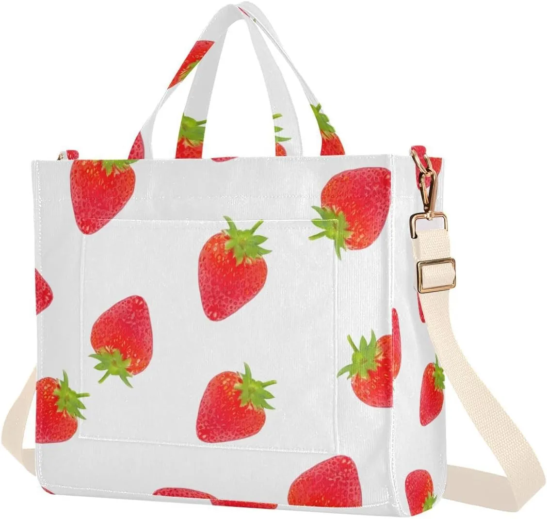 Strawberry Red White Corduroy Tote Bag for Women Hobo Crossbody Bag Purse Stylish Shoulder Handbag Messenger Bags, S