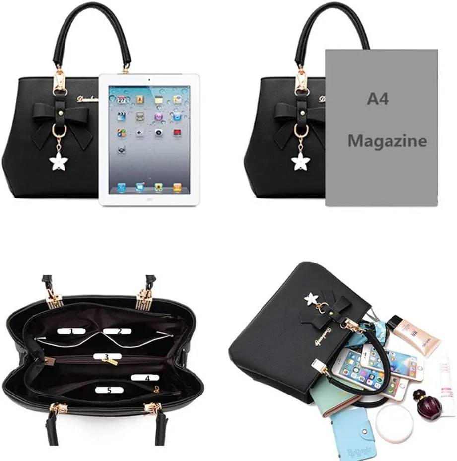 Stylish Womens PU Leather Top Handle Satchel Handbag with Bow Pendant - Versatile Zipper Tote & Crossbody Bag in Green