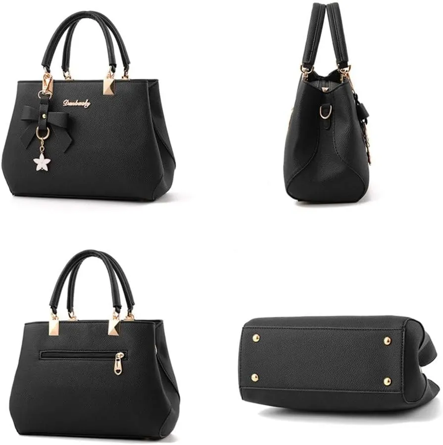 Stylish Womens PU Leather Top Handle Satchel Handbag with Bow Pendant - Versatile Zipper Tote & Crossbody Bag in Green