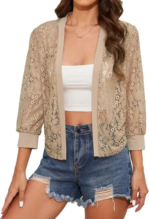 Tanou 2025 Women's Sheer Floral Lace Shrug Cardigans Sweaters Cropped Lightweight 3/4 Sleeves Bolero Shawl
