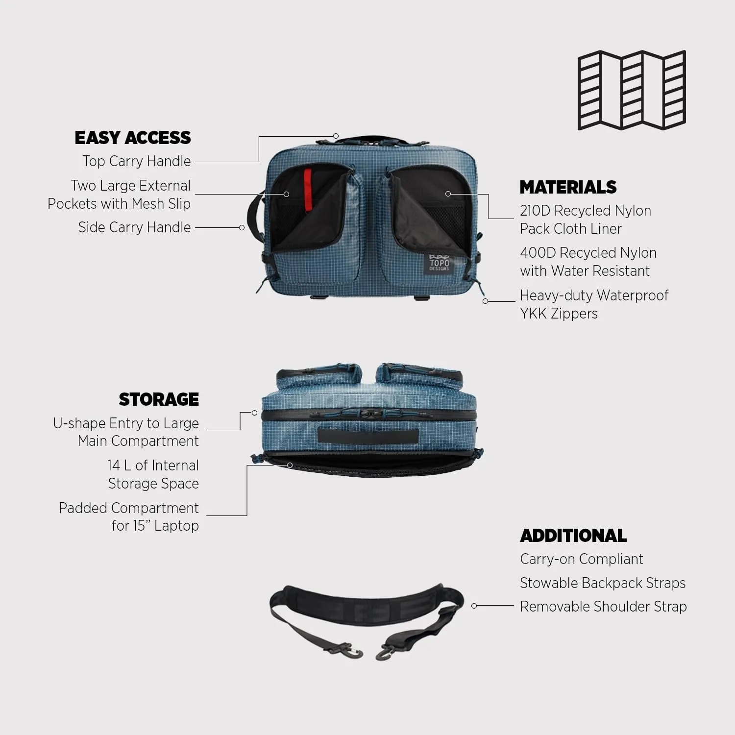 Topo Designs Apex Global Briefcase  Nylon Ripstop Fabric, Weatherproof Commuting Travel Pack with Oversized Zips, Made with 100% Recycled Materials (Black)