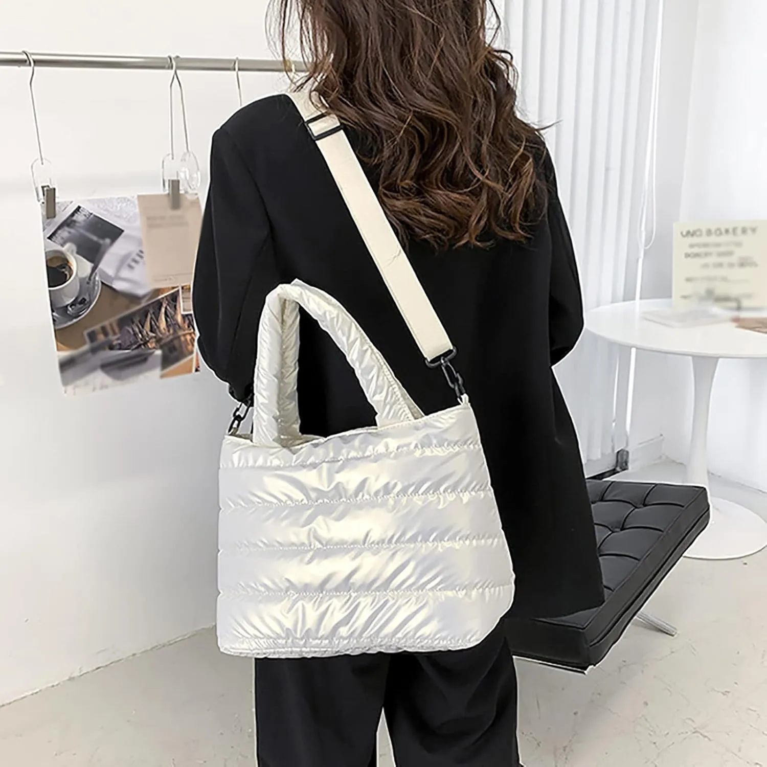 Tote Bag For Women Quilted Handbag Lightweight Winter Down Cotton Padded Shoulder Crossbody Handbags Down Padding Shopping