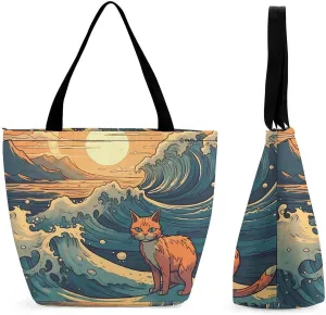 Tote Bags for Women Anime Style Cat Versatile Shoulder Bag with Zipper Large Capacity Handbag Beach Bag Reusable Grocery Bag for Shopping Travel Commuting