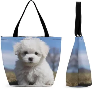 Tote Bags for Women Bichon Frise Dog Versatile Shoulder Bag with Zipper Large Capacity Handbag Beach Bag Reusable Grocery Bag for Shopping Travel Commuting