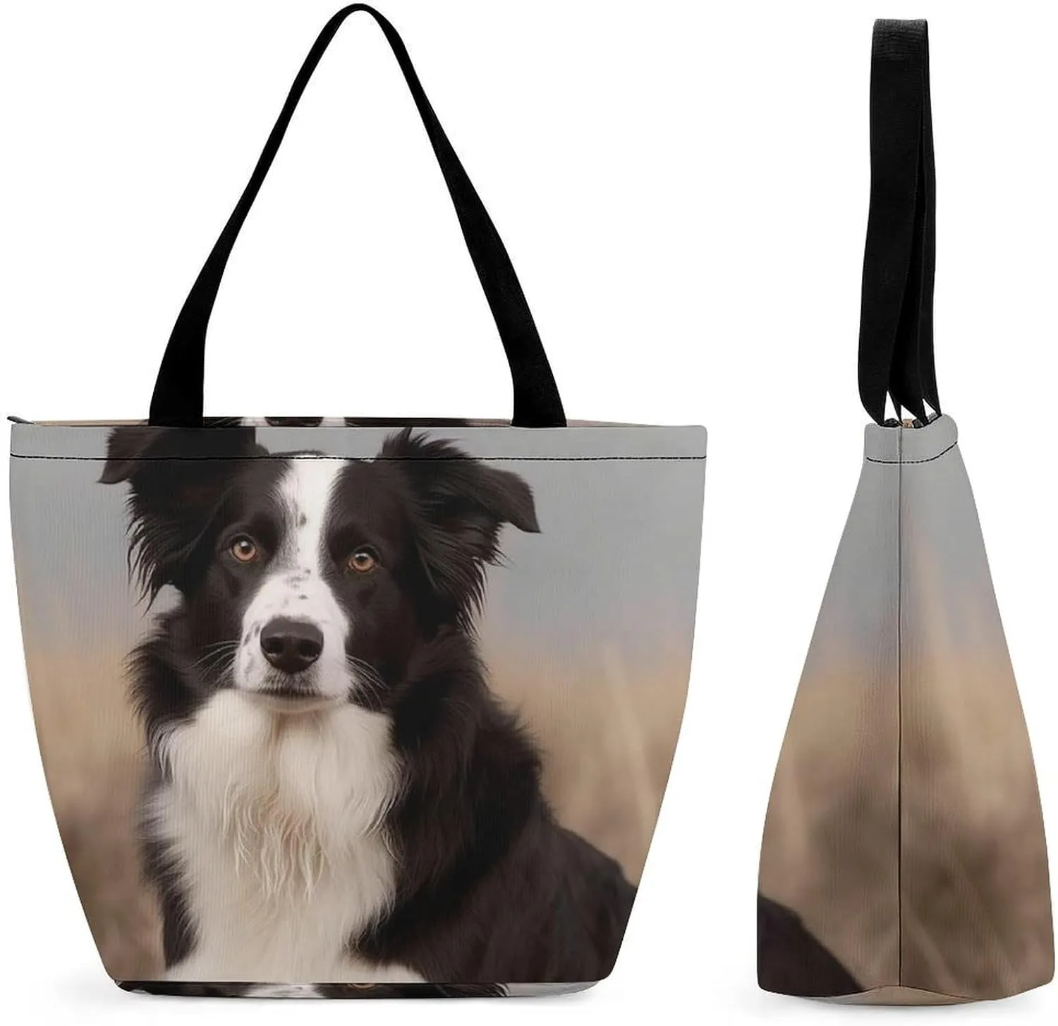 Tote Bags for Women Border Collie Versatile Shoulder Bag with Zipper Large Capacity Handbag Beach Bag Reusable Grocery Bag for Shopping Travel Commuting