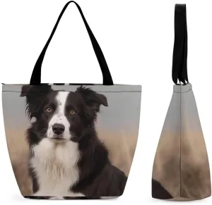 Tote Bags for Women Border Collie Versatile Shoulder Bag with Zipper Large Capacity Handbag Beach Bag Reusable Grocery Bag for Shopping Travel Commuting