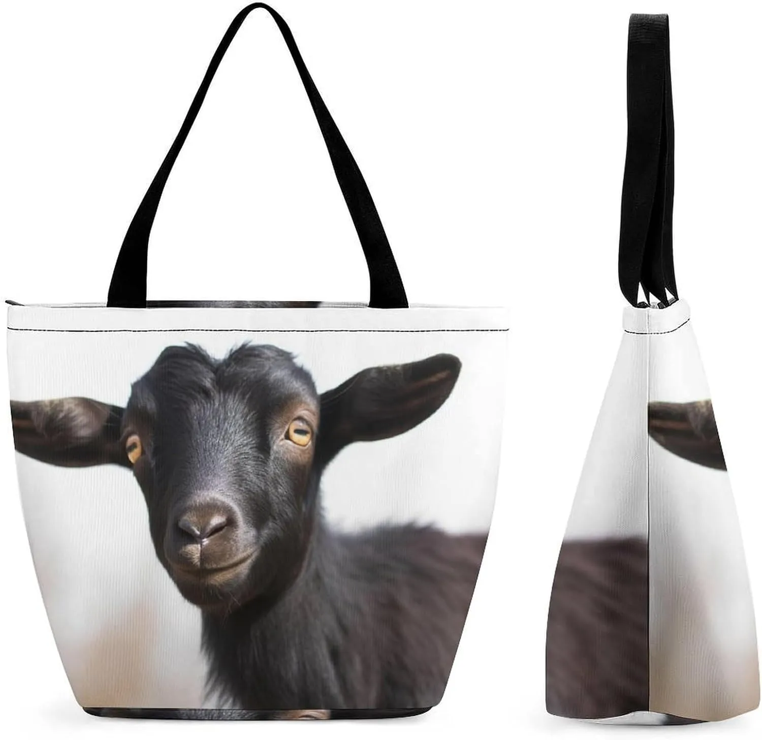 Tote Bags for Women Cute Black Goat Animal Versatile Shoulder Bag with Zipper Large Capacity Handbag Beach Bag Reusable Grocery Bag for Shopping Travel Commuting