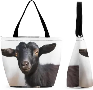 Tote Bags for Women Cute Black Goat Animal Versatile Shoulder Bag with Zipper Large Capacity Handbag Beach Bag Reusable Grocery Bag for Shopping Travel Commuting
