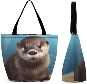 Tote Bags for Women Cute Otter Versatile Shoulder Bag with Zipper Large Capacity Handbag Beach Bag Reusable Grocery Bag for Shopping Travel Commuting