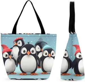 Tote Bags for Women Cute Penguins Versatile Shoulder Bag with Zipper Large Capacity Handbag Beach Bag Reusable Grocery Bag for Shopping Travel Commuting