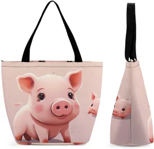 Tote Bags for Women Cute Pig Versatile Shoulder Bag with Zipper Large Capacity Handbag Beach Bag Reusable Grocery Bag for Shopping Travel Commuting
