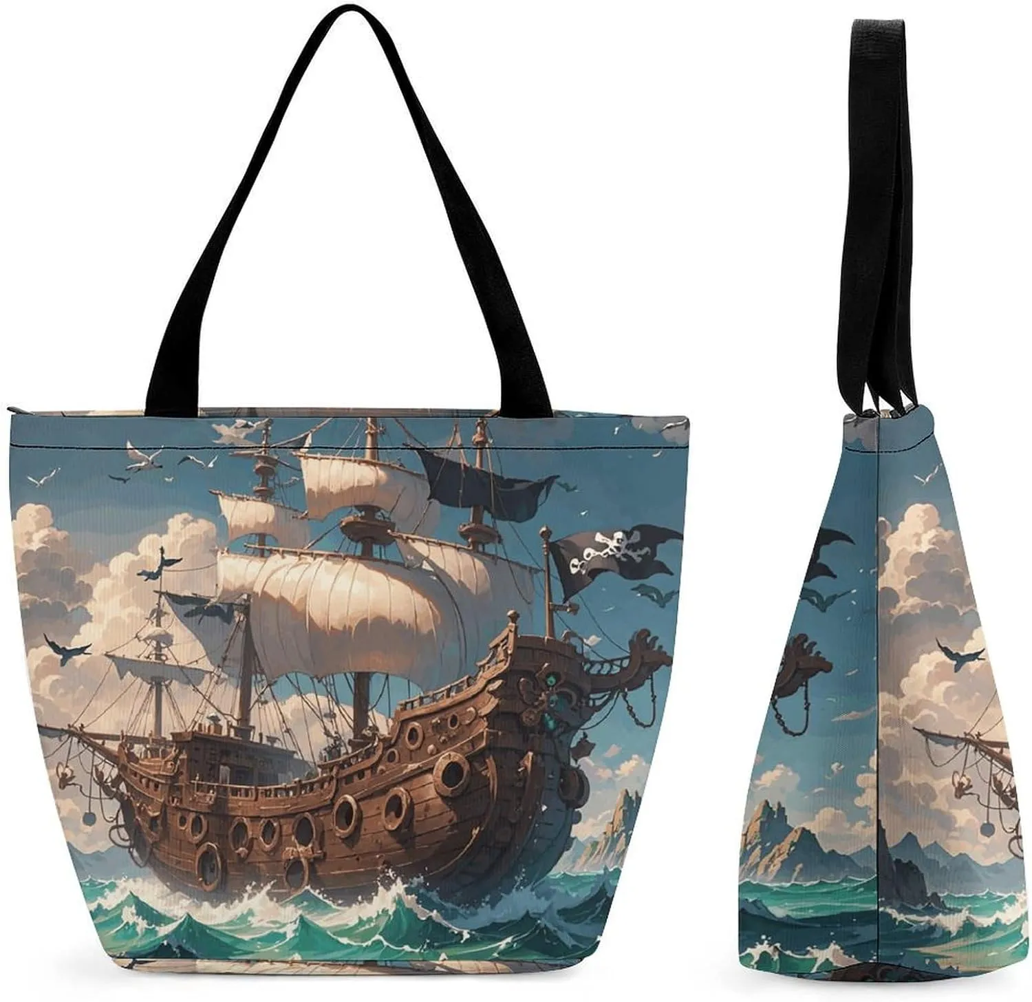 Tote Bags for Women Fantasy Pirate Ship Versatile Shoulder Bag with Zipper Large Capacity Handbag Beach Bag Reusable Grocery Bag for Shopping Travel Commuting