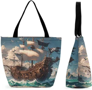 Tote Bags for Women Fantasy Pirate Ship Versatile Shoulder Bag with Zipper Large Capacity Handbag Beach Bag Reusable Grocery Bag for Shopping Travel Commuting