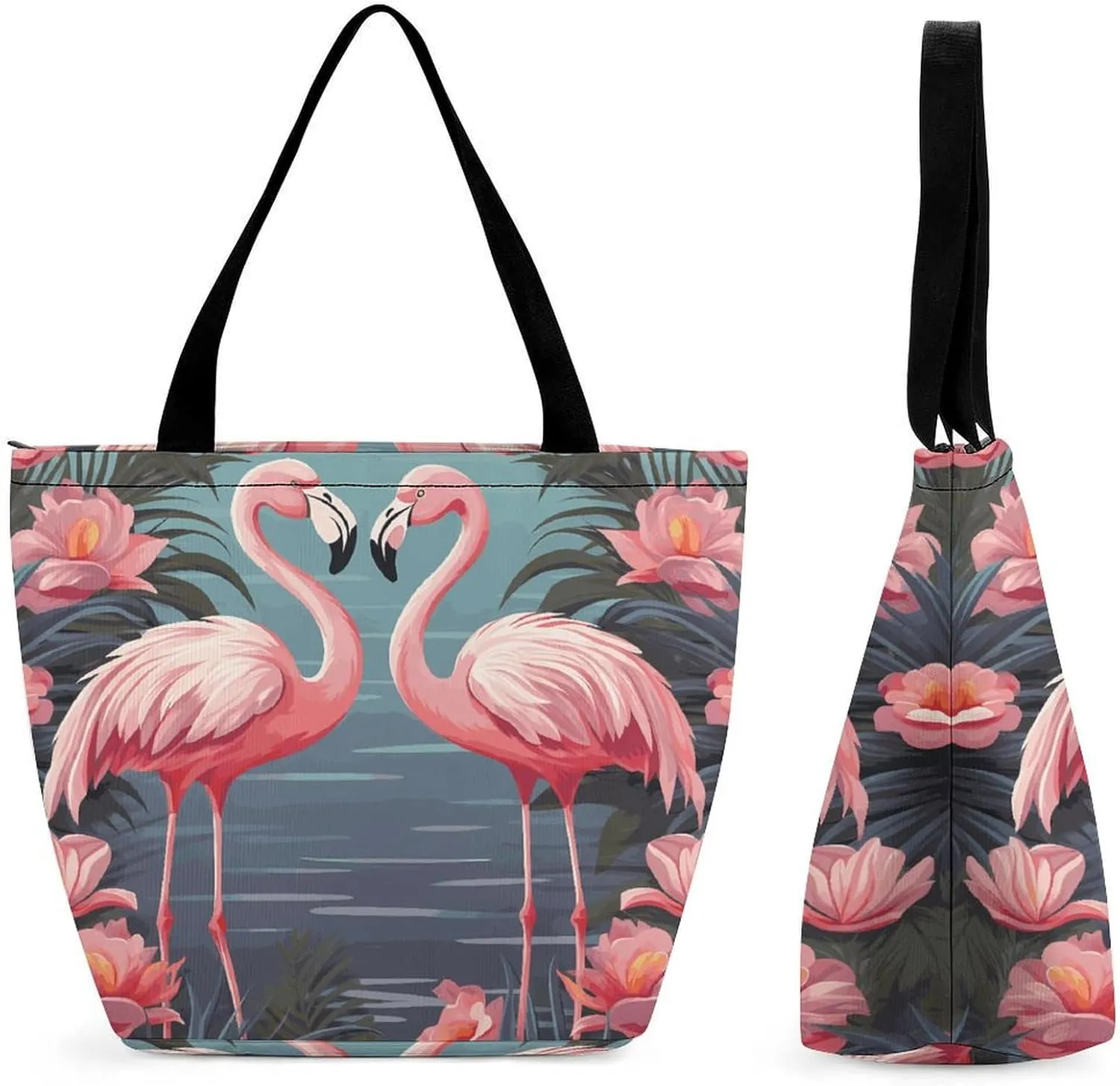 Tote Bags for Women Flock of Tropical Flamingos Versatile Shoulder Bag with Zipper Large Capacity Handbag Beach Bag Reusable Grocery Bag for Shopping Travel Commuting