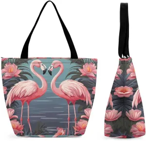 Tote Bags for Women Flock of Tropical Flamingos Versatile Shoulder Bag with Zipper Large Capacity Handbag Beach Bag Reusable Grocery Bag for Shopping Travel Commuting