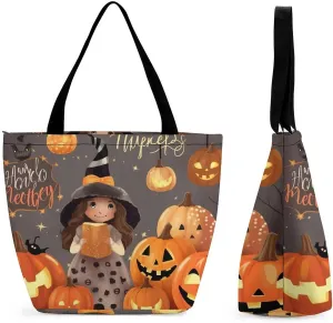 Tote Bags for Women Happy-Halloween-Day-Trick-Or-Treat Versatile Shoulder Bag with Zipper Large Capacity Handbag Beach Bag Reusable Grocery Bag for Shopping Travel Commuting