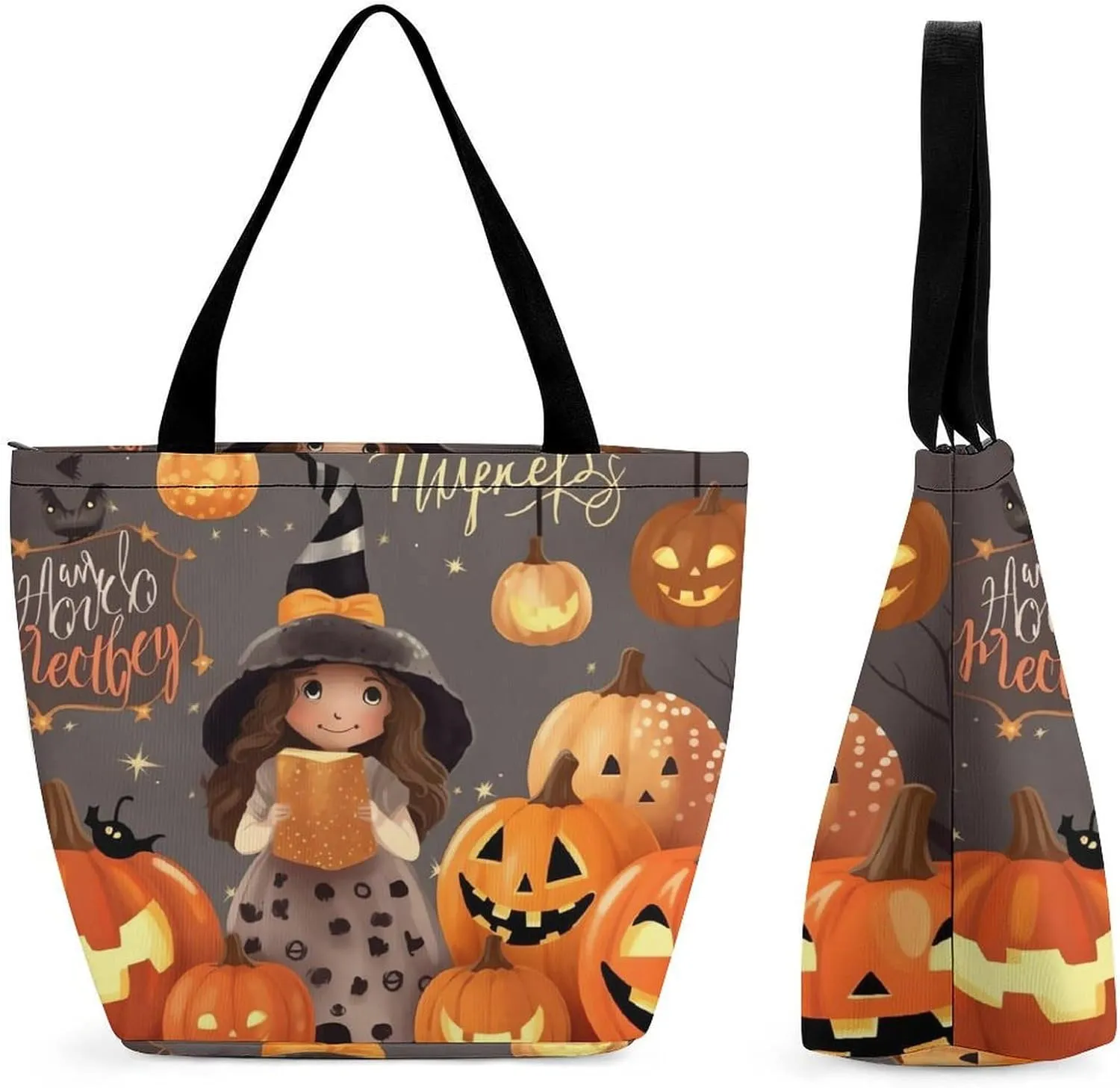 Tote Bags for Women Happy-Halloween-Day-Trick-Or-Treat Versatile Shoulder Bag with Zipper Large Capacity Handbag Beach Bag Reusable Grocery Bag for Shopping Travel Commuting