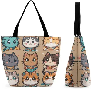 Tote Bags for Women Many Cartoon Cats Versatile Shoulder Bag with Zipper Large Capacity Handbag Beach Bag Reusable Grocery Bag for Shopping Travel Commuting