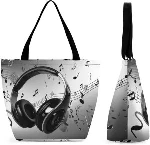 Tote Bags for Women Music Versatile Shoulder Bag with Zipper Large Capacity Handbag Beach Bag Reusable Grocery Bag for Shopping Travel Commuting