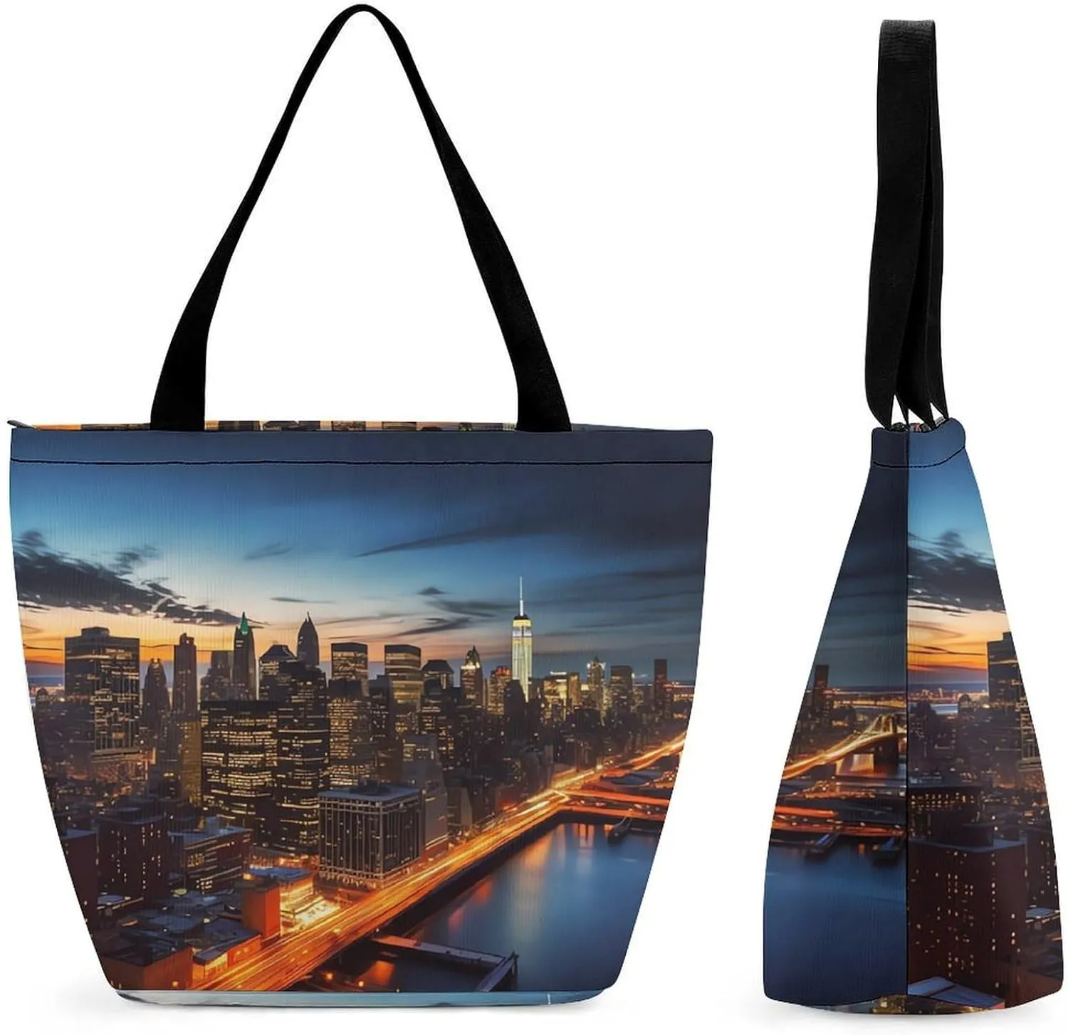 Tote Bags for Women New York City Scenery Versatile Shoulder Bag with Zipper Large Capacity Handbag Beach Bag Reusable Grocery Bag for Shopping Travel Commuting