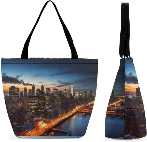 Tote Bags for Women New York City Scenery Versatile Shoulder Bag with Zipper Large Capacity Handbag Beach Bag Reusable Grocery Bag for Shopping Travel Commuting