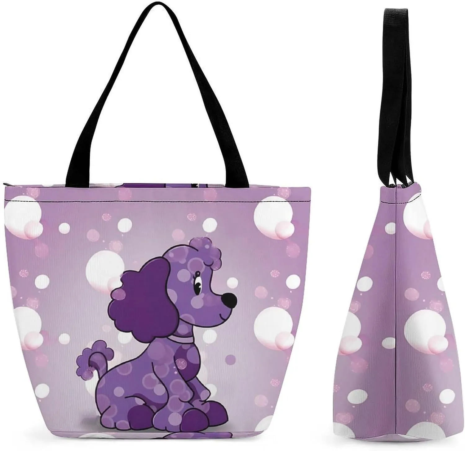 Tote Bags for Women Purple Poodle Polka Dot Versatile Shoulder Bag with Zipper Large Capacity Handbag Beach Bag Reusable Grocery Bag for Shopping Travel Commuting