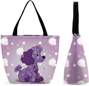 Tote Bags for Women Purple Poodle Polka Dot Versatile Shoulder Bag with Zipper Large Capacity Handbag Beach Bag Reusable Grocery Bag for Shopping Travel Commuting